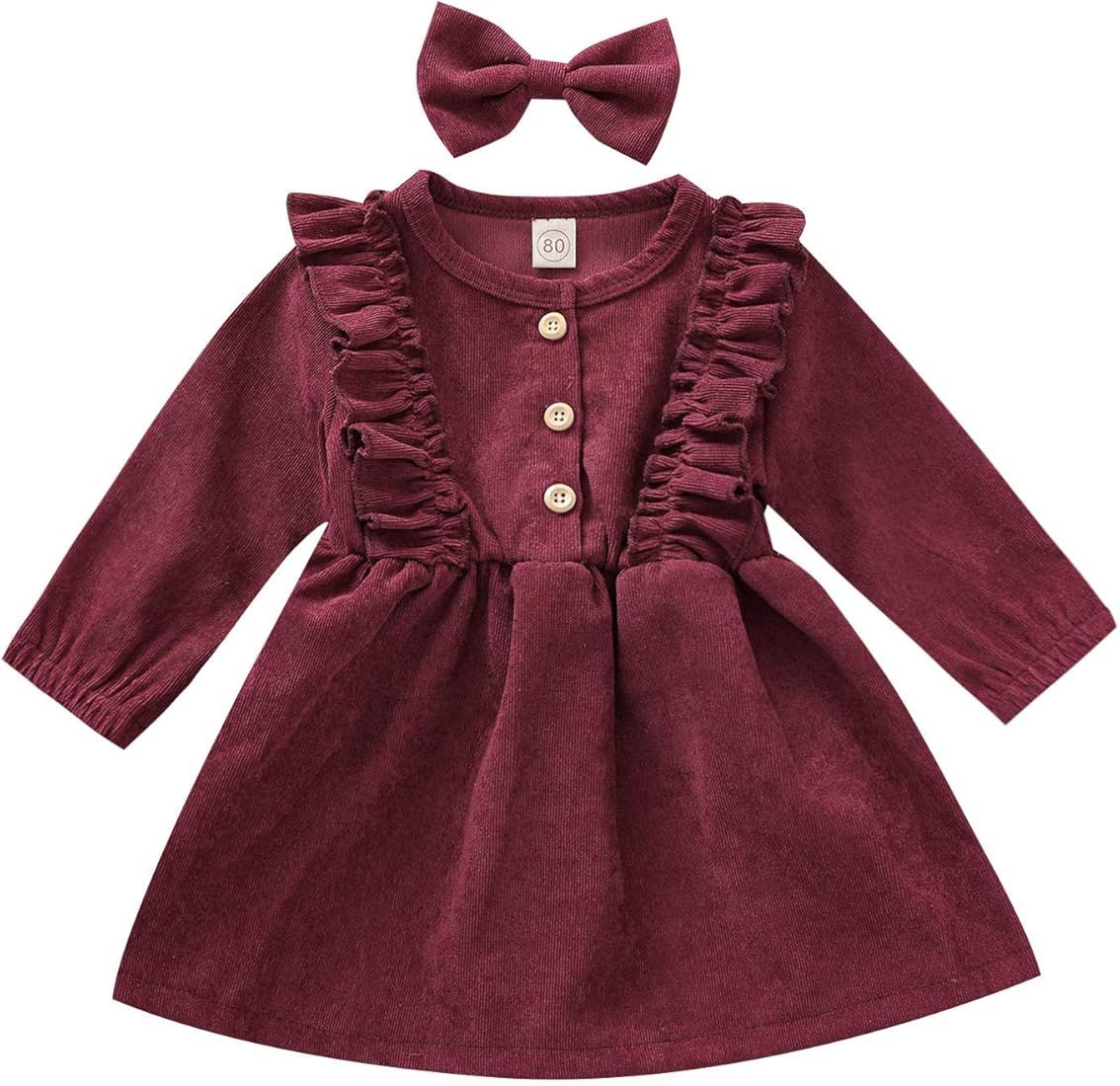 Toddler Baby Girls Fall Winter Corduroy Ruffle Long Sleeve Dress Headband Kids Dresses | Amazon (US)