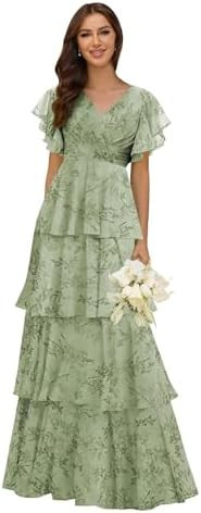 homdor Tiered Ruffles Bridesmaid Dresses for Women 2026 V Neck Chiffon Formal Evening Dresses wit... | Amazon (US)