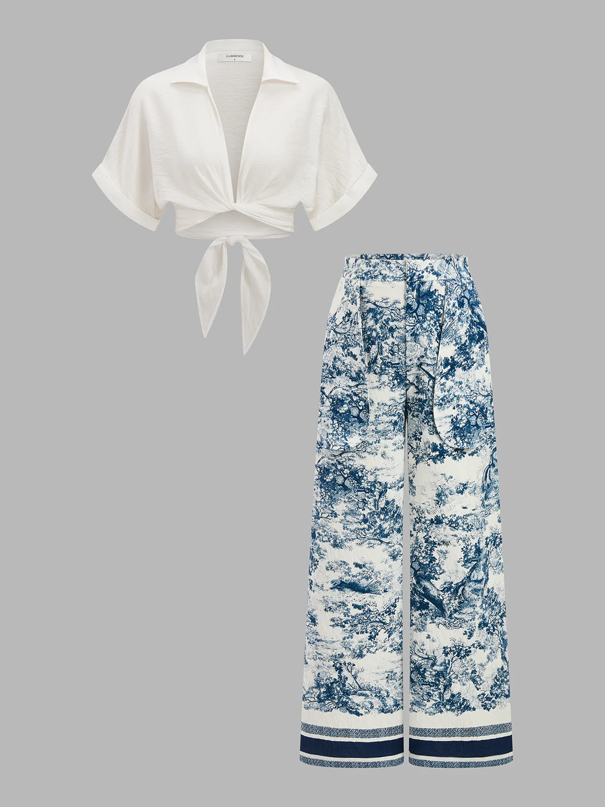 Twisted Crop Top & Toile Print Pants Set | Commense