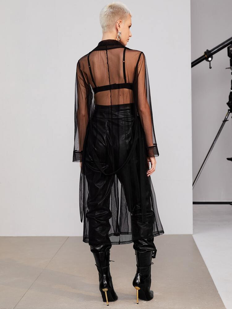 SHEIN Sheer Mesh Lapel Collar Belted Coat | SHEIN