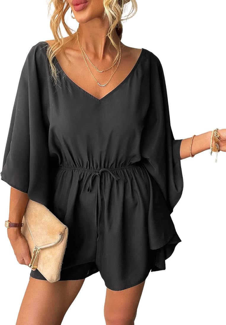 CUPSHE Women Casual 3/4 Sleeve Jumpsuits Relax Fit V-Neck Romper One peice Jumpsuits with Drawstring | Amazon (US)
