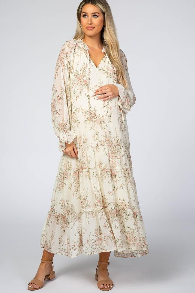 Cream Floral Chiffon Tiered Maternity Maxi Dress | PinkBlush Maternity