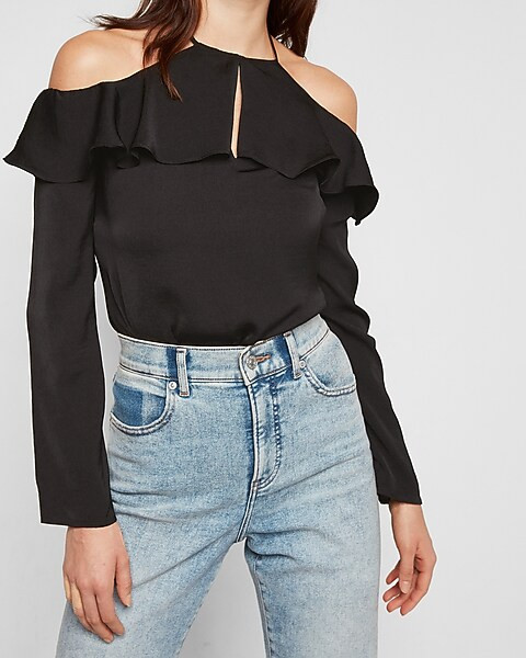 Satin Ruffle Cold Shoulder Thong Bodysuit | Express