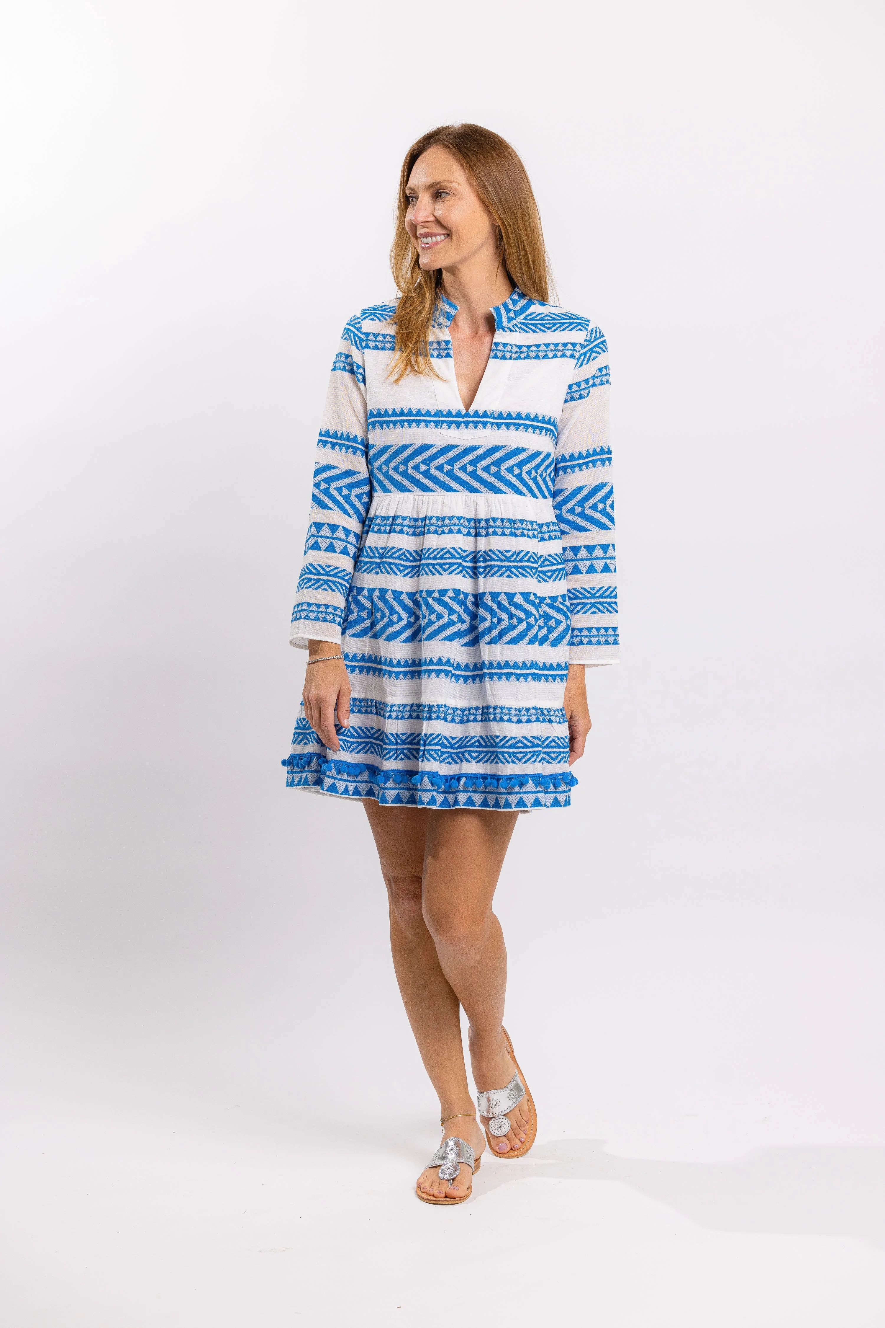 Blue Geo Stripe Jacquard Long Sleeve Tunic Dress | Sail to Sable