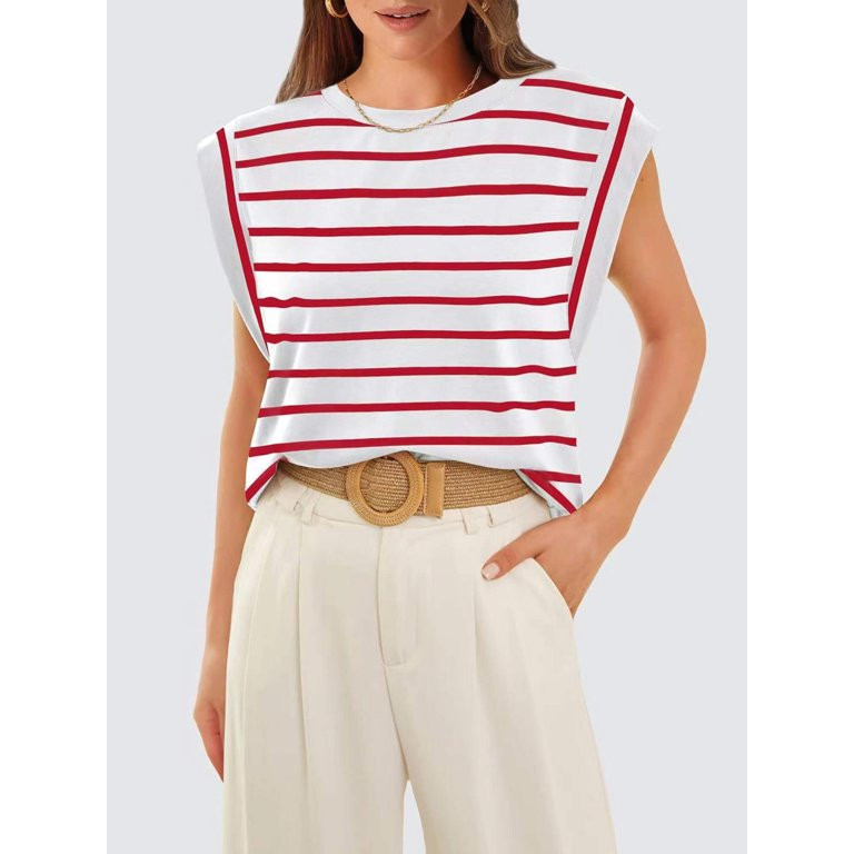 Striped Round Neck Cap Sleeve T-Shirt | Walmart (US)