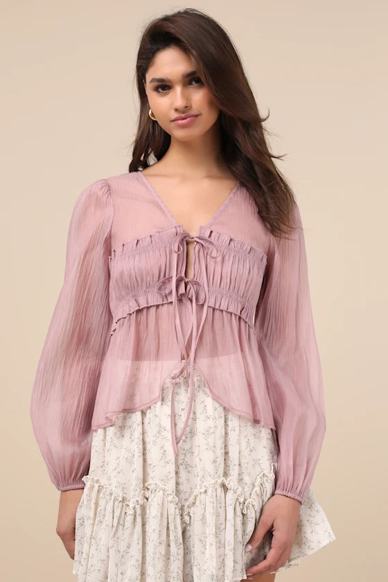 Kyler Mauve Sheer Tie-Front Long Sleeve Top | Lulus
