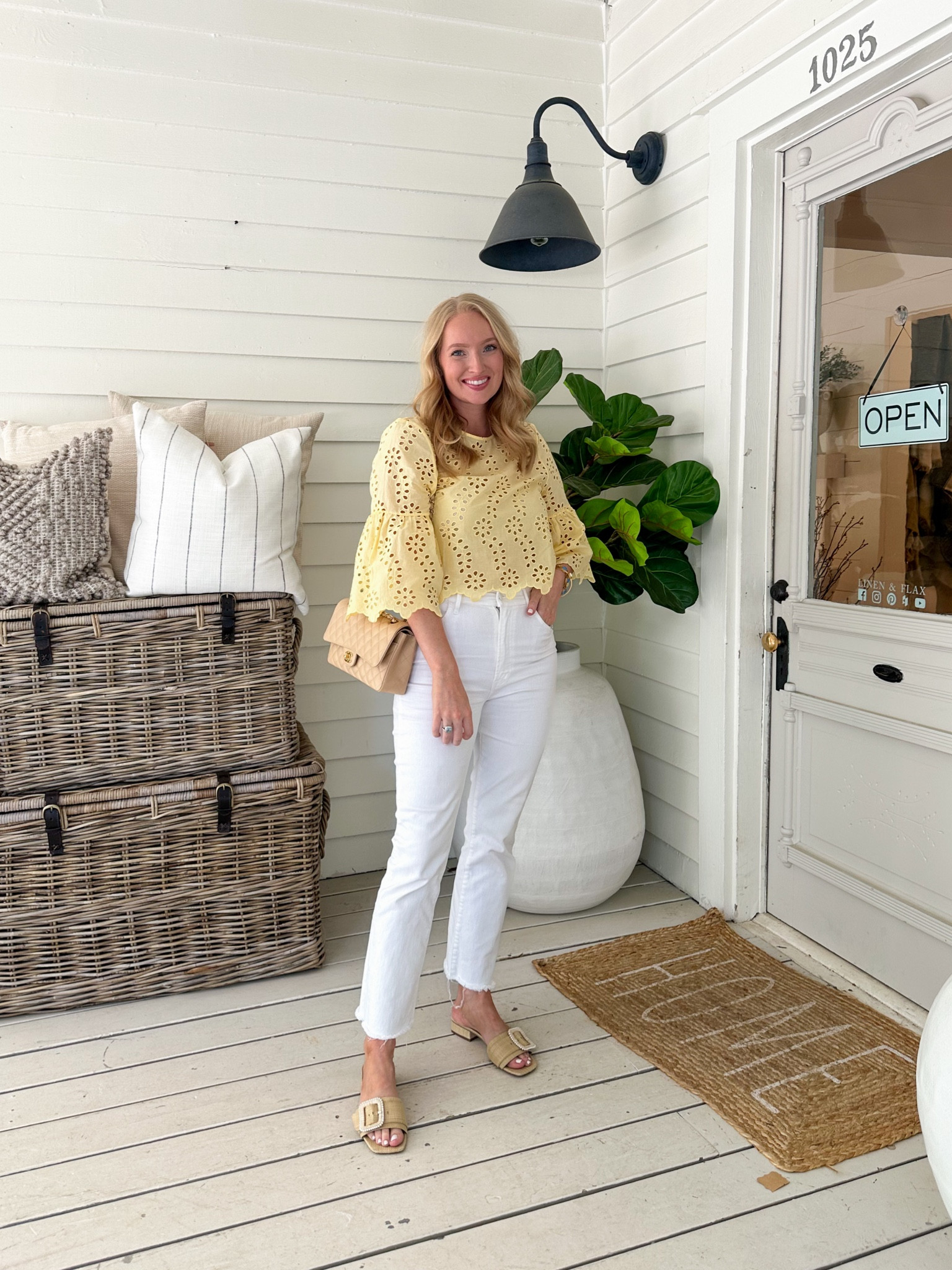 Todays summer OOTD! This yellow eyelet top is brightening my mood. These are my favorite white jeans (wearing a 28) 

#LTKSeasonal