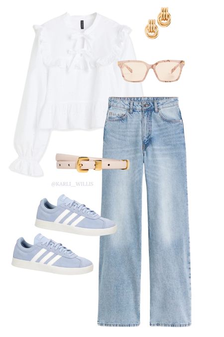 Casual outfit / spring outfit / white bow top / casual work outfit / running errands / carpool look / blue sneakers / blue tennis shoes / white blouse 

#LTKfindsunder50 #LTKfindsunder100