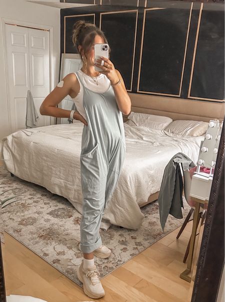Free People FP dupe overalls, light blue outfit 🩵 Hoka Bondi 8 running shoe in shifting sand + eggshell 🤩 comfy cute outfit for the end of summer / Fall transition outfit while it’s still hot  

#LTKFindsUnder50 #LTKTravel #LTKStyleTip