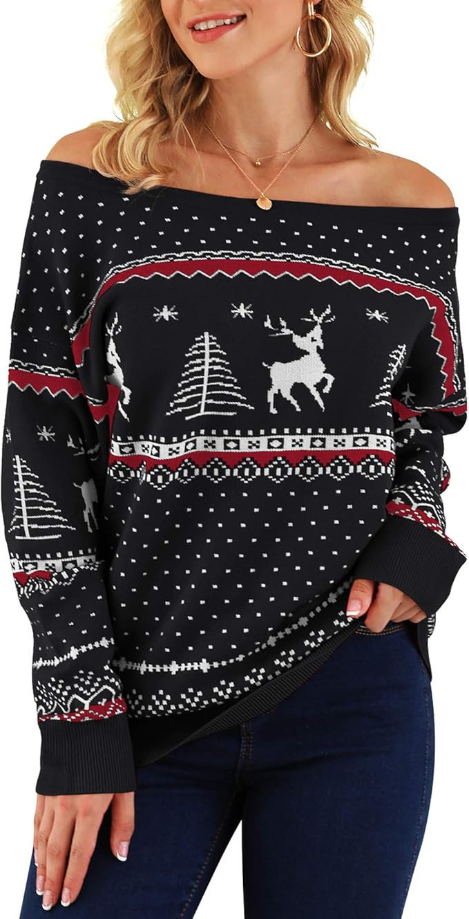 LILBETTER Women's Off Shoulder Sweater Boat Neck Long Sleeve Loose Pullover Knit Jumper | Amazon (US)