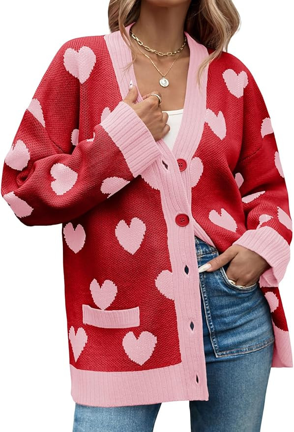 Saodimallsu Womens Oversized Heart Cardigan Color Block V Neck Button Long Sleeve Chunky Valentin... | Amazon (US)