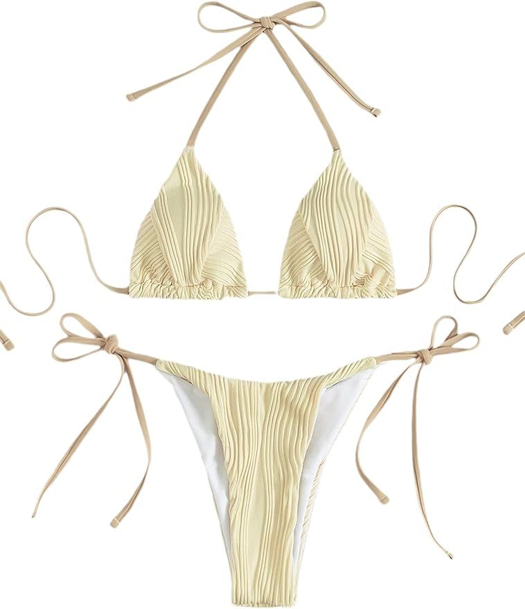 SheIn Women's Triangle Swimsuit Halter Top High Cut Thong Bikini Set Textured Tie Side Bathing Su... | Amazon (US)