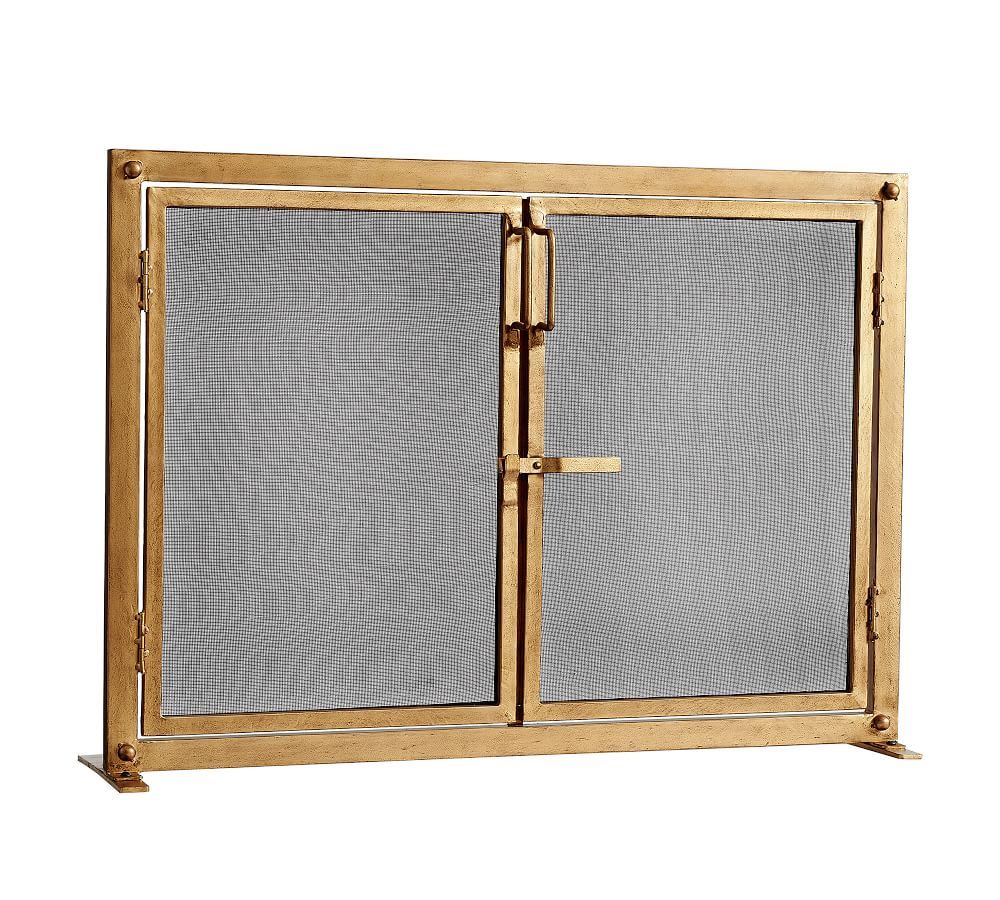 Industrial Fireplace 44&amp;quot; Screen with Doors, Brass | Pottery Barn (US)