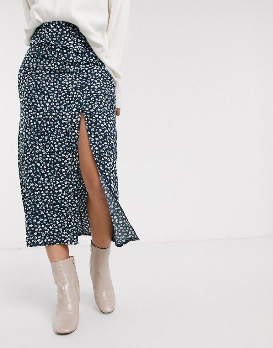 ASOS DESIGN midi skirt with thigh split in ditsy floral print-Multi | ASOS (Global)