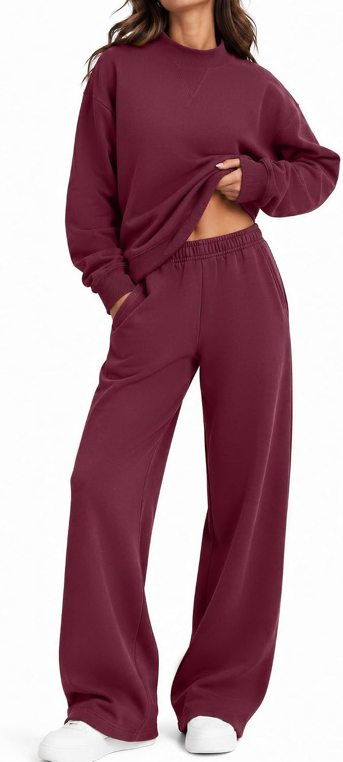 SUUKSESS Women Cotton 2 Piece Outfit Mock Neck Sweatshirt Wide Leg Pants | Amazon (US)