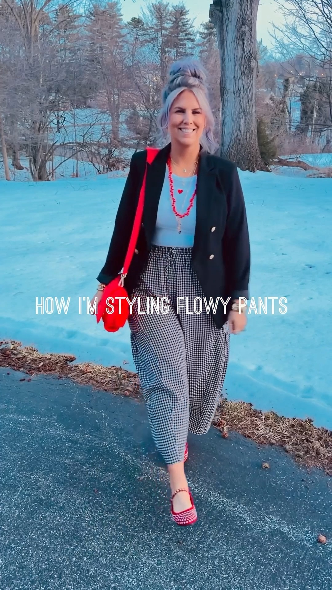 ✔️Pants: Black & White Gingham Barrel Pants 〰️ size L (run large) @amazonfashion @tarse_official
✔️Bag: Red Quilted Puffer Purse 〰️ @amazonfashion 
✔️Necklace: Red Gem Long Necklace 〰️ @jcrew  
✔️Necklace: Pave Initial Necklace 〰️ @adinaeden 
✔️Bracelet: Chunky Gold Bangle 〰️ @amazon 
✔️Gold Ball Bracelets with Alphabet Letters, wearing 3 〰️ @cocosbeads
✔️Thumb Ring: Two-Tone Interlocking Chain Ring 〰️ @amazon 
✔️Statement Ring, Gold Safety Pin Stacking Ring 〰️ @amazon 
✔️Pinky Ring: Gold Criss-Cross Dome RingGold Ball Bracelets with Alphabet Letters 〰️ @cocosbeads

💥 No Longer Available, Linked Similar
✔️Tank: White Tank with Red Heart 〰️ original from @targetstyle  
✔️Shoes: Red Studded Ballet Flats 〰️ original from @walmartstyle 
✔️Blazer: Black Double Breasted Blazer with Gold Buttons 〰️ original from @walmartstyle 
✔️Necklace: Gold Caribener Pendant Necklace 〰️ original from @saksofffifth

black blazer, double breasted blazer, gold buttons, fitted tee, tank, white tank, heart, red, white, black, embroidered, crew neck, tee, barrel pants, flowy pants, gingham, black and white, pull on past, elastic waist, target, tarse, amazon, walmart, scoop, a new day, pattern, cropped pants, ankle pants, ballet flats, red flats, red shoes, pop of color, pop of red, red purse, red bag, shoulder bag, quilted, puffy, puffer, red necklace, layered necklaces, chunky bangle bracelet, cocos beads, coco's beads, gold ball bracelets, alphabet bracelet, valentine's day, galentine's day, barrel, dressy casual, elevated casual, messy bun, fake hair, 2026
#under20 #under30 #under40 #under50 #under60 #under75 #under100 #affordable #budget #inexpensive #size14 #size16 #size12 #medium #large #extralarge #xl #curvy #midsize #pear #pearshape #pearshaped budget fashion, affordable fashion, budget style, affordable style, curvy style, curvy fashion, midsize style, midsize fashion. 

#LTKMidsize #LTKOver40