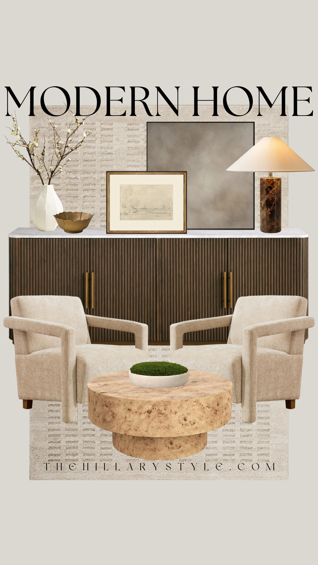 Modern Home: Spring Sitting Room Refresh
Bring a fresh, airy feel to your home with this modern organic sitting room design. This look perfectly blends warm minimalism with high-end textures, featuring a stunning burl wood coffee table and fluted wood accents. The mix of neutral linen armchairs and earthy, moody art creates an elevated, quiet luxury aesthetic that is perfect for a seasonal refresh. Incorporating natural elements like moss and budding branches is an easy way to transition your space for spring. Target, Wayfair, Arhaus, Crate & Barrel, Walmart, Magnolia, Joss & Main, Etsy 

 #TheHillaryStyle #SpringHomeDecor #ModernOrganic #WarmMinimalism #InteriorDesignInspo #LivingRoomGoals #HomeRefresh #BurlWood #TexturedHome #NeutralDecor #PinterestHome #LTKhome #QuietLuxury 

#LTKdayinmylife #LTKSeasonal #LTKHome