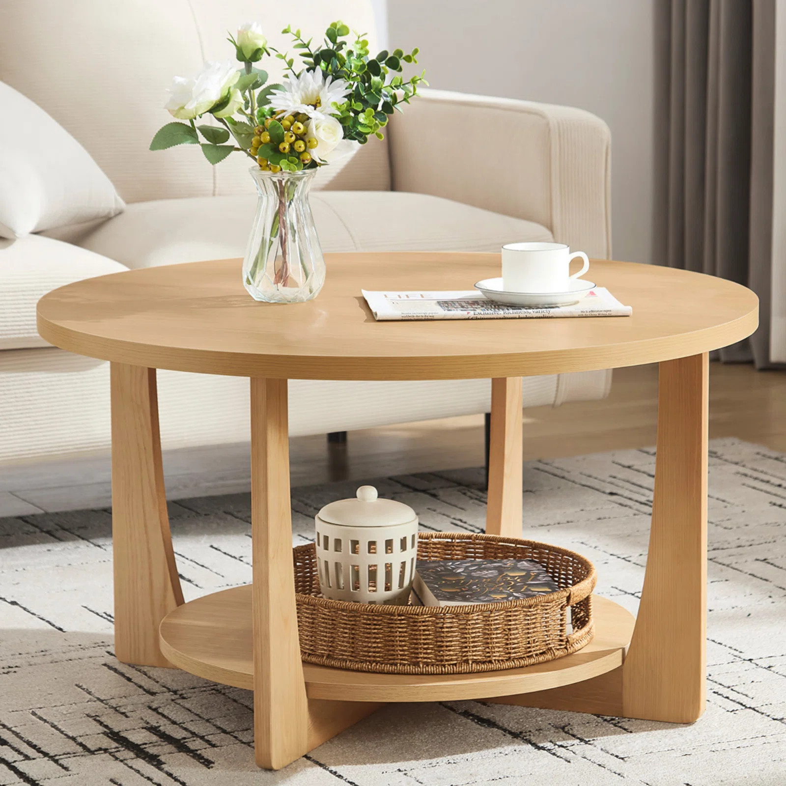 31.5'' Solid Wood Legs Round Coffee Table with 2-Tier Storage | Wayfair North America