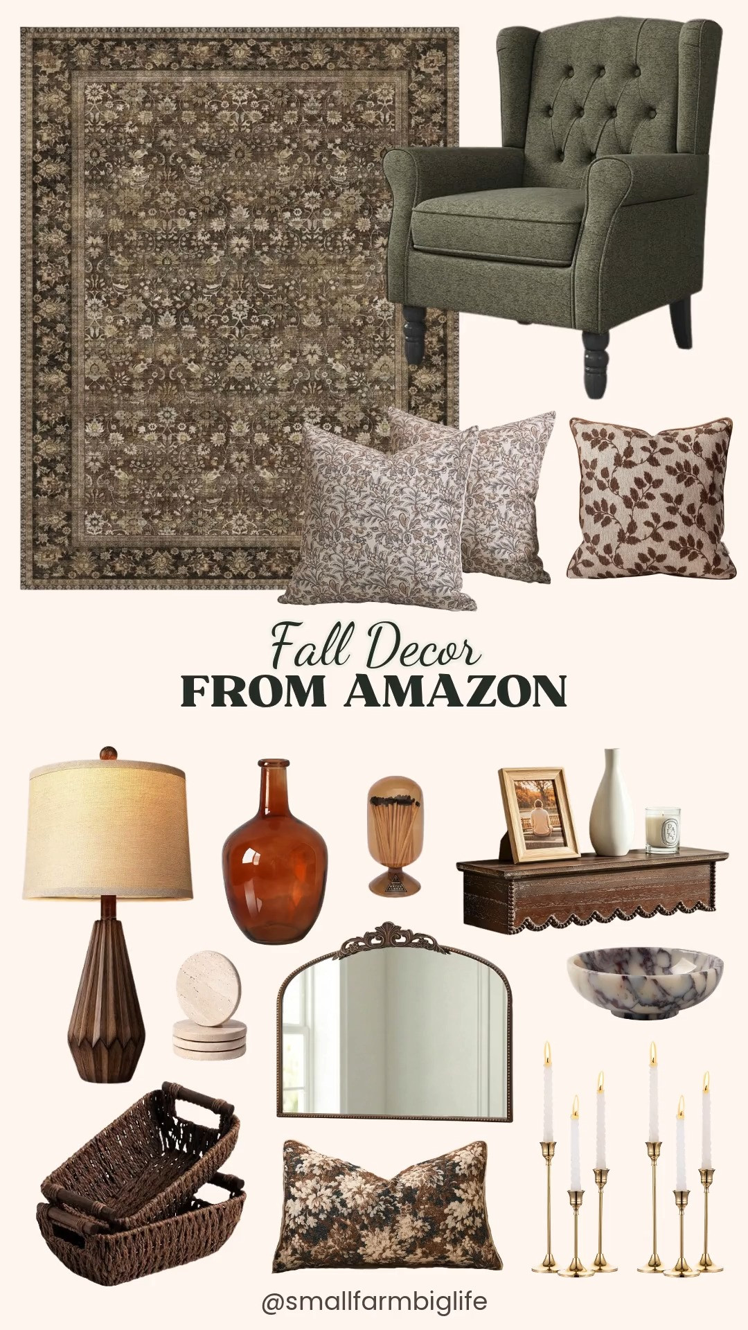 🍂 Fall Decor From Amazon

These moody vintage fall decor finds from Amazon make your living room feel warm and collected, with olive green, amber glass, and rich browns. Start with an olive green tufted wingback accent chair, perfect for a cozy reading corner, and a brown vintage floral washable area rug with a low pile. Add a pair of walnut wood grain farmhouse table lamps with linen shades and a vintage bronze baroque arched wall mirror. For fall wall decor, hang a gold framed olive green bird and white flower botanical print and a brown scalloped wood shelf with beaded trim. Layer your sofa with fall throw pillows, including brown and sand block print floral covers, a brown autumn leaves chenille pillow, and a coffee brown floral lumbar pillow. Finish with small touches: an amber glass vase for fall branches, gold vintage taper candlestick holders, an amber glass match cloche, dark brown woven baskets with wooden handles, beige travertine coasters, and a Calacatta Viola marble centerpiece bowl. This cozy vintage farmhouse decor carries your home from fall through Thanksgiving and into the holidays.

#amazonhome #amazonfinds #falldecor #vintagedecor #cozyhome 

 #LTKSeasonal #LTKHome