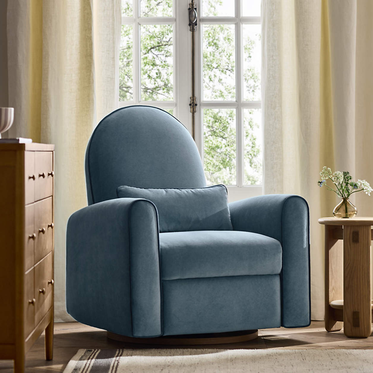 Miles Ocean Blue Velvet Nursery Power Recliner Swivel Club Chair with Electronic Control and USB ... | Crate & Barrel