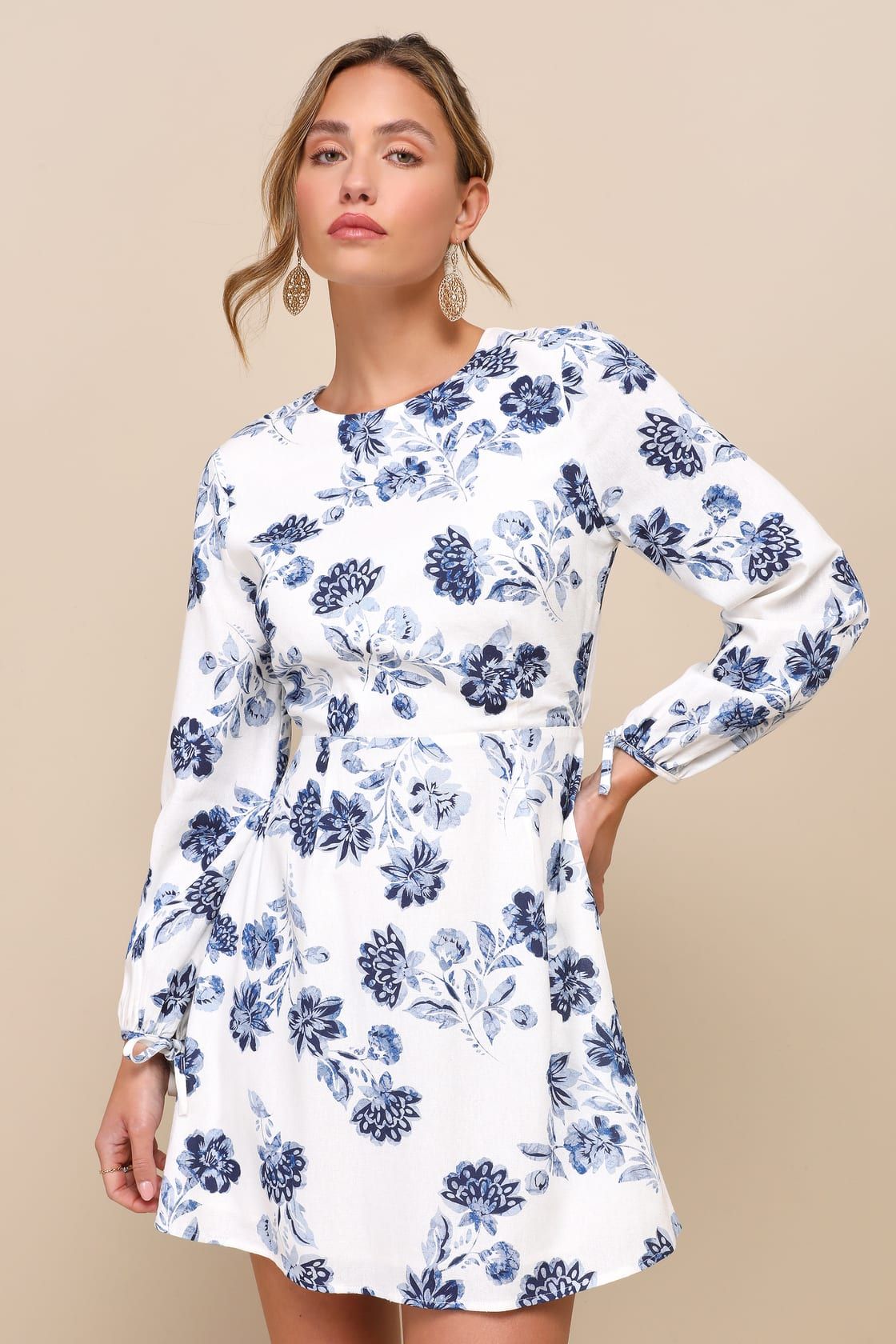 Darling Simplicity White and Blue Floral Linen Cutout Mini Dress | Lulus