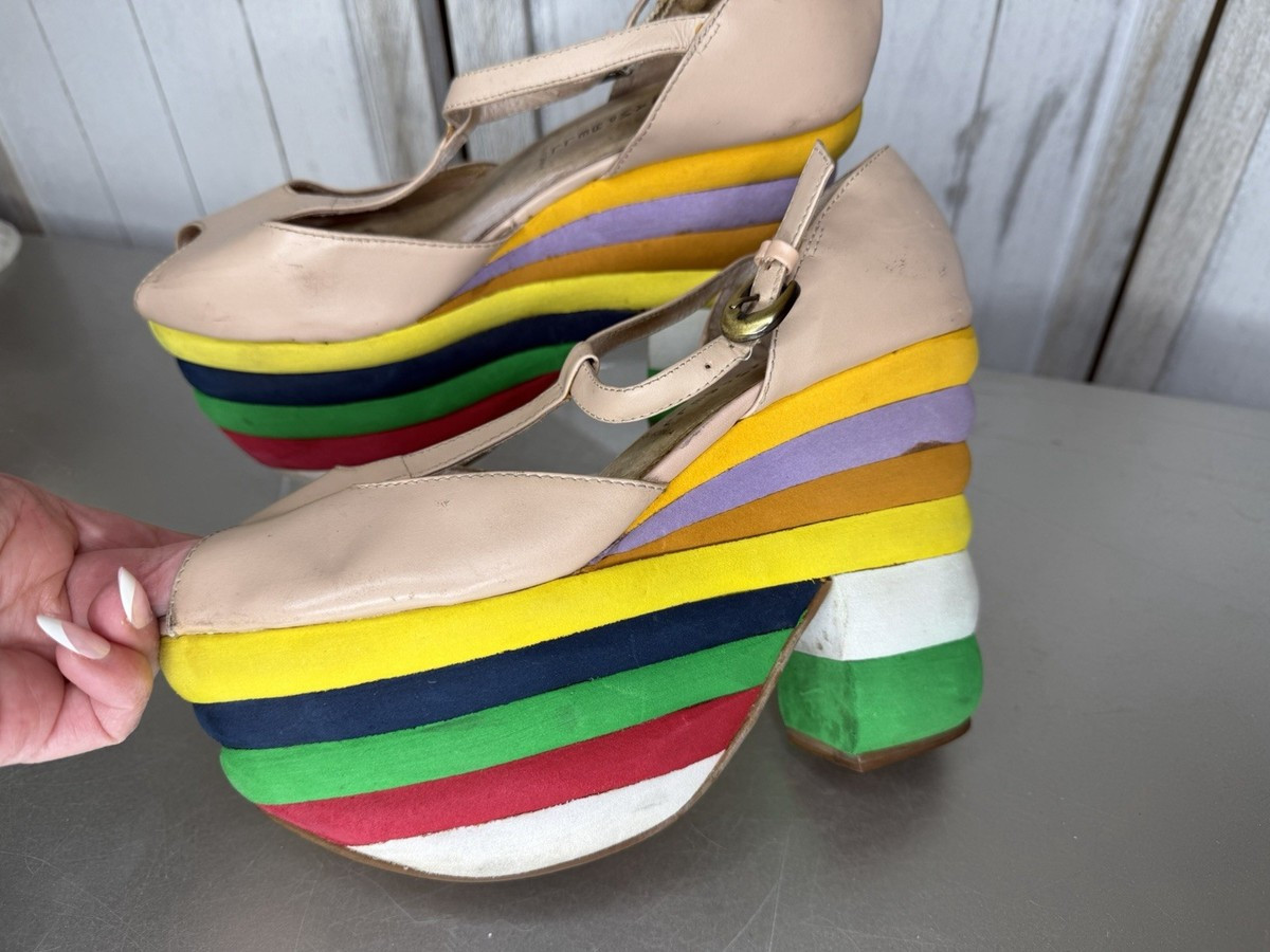 Jeffrey Campbell \u201cSalvatore\u201d Peep Toe Leather & Rainbow Platform Heels Sz 6 RARE | eBay | eBay US