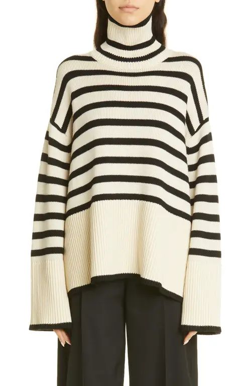 Totême Stripe Wool Blend Turtleneck Sweater in Light Sand Stripe at Nordstrom, Size Small | Nordstrom