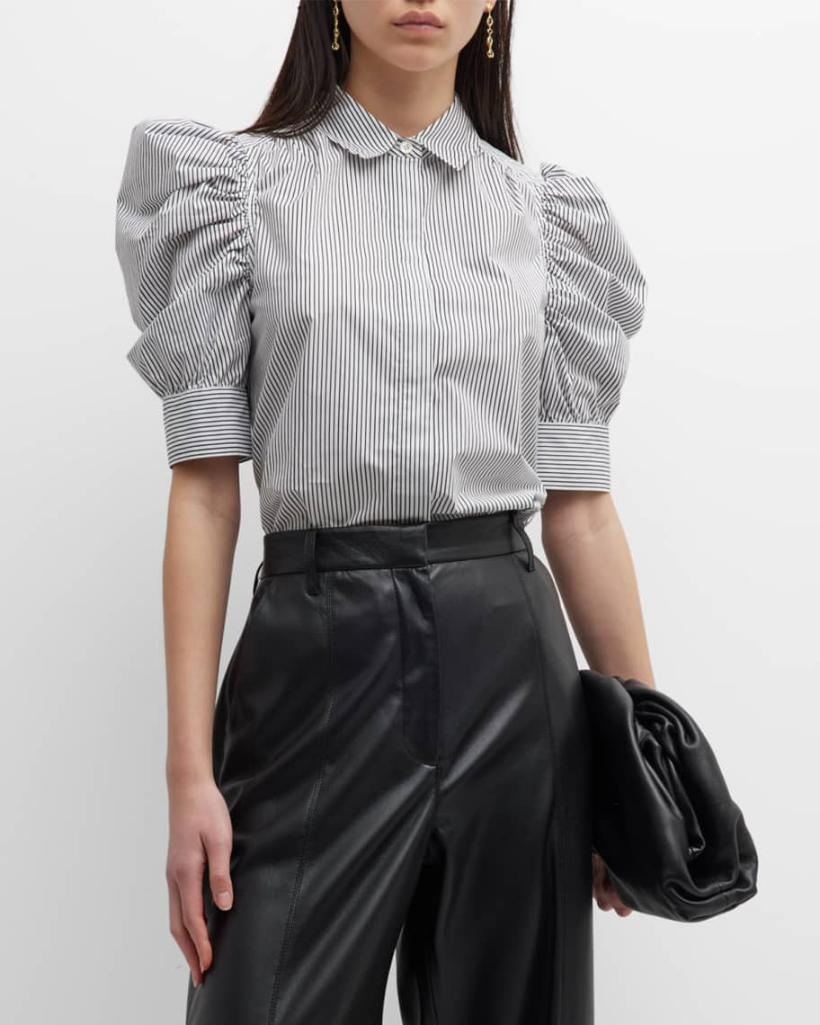 FRAME Pinstripe Ruched Puff-Sleeve Shirt | Neiman Marcus