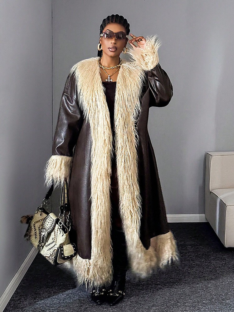 Maweii Plus Size Vintage Loose Faux Fur Patchwork Long Coat, Autumn/Winter | SHEIN