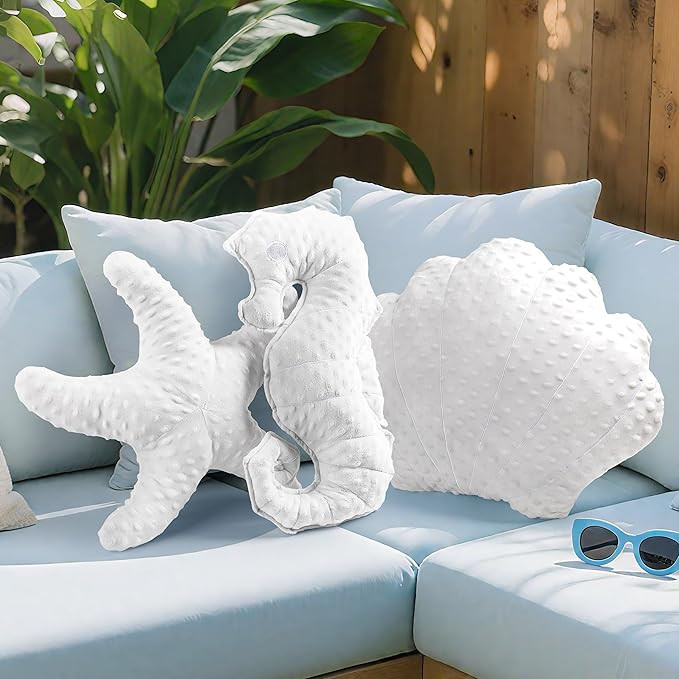 AELS Coastal Throw Pillows Set of 3, Starfish Shell Seahorse Pillows, Beach Ocean Nautical Themed... | Amazon (US)