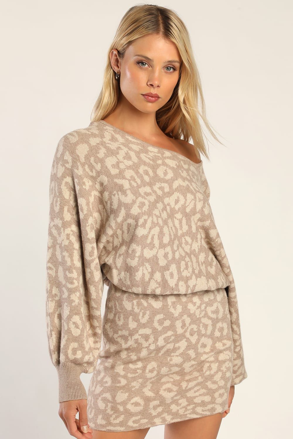 Wild For the Season Taupe Leopard Print Sweater Mini Dress | Lulus (US)