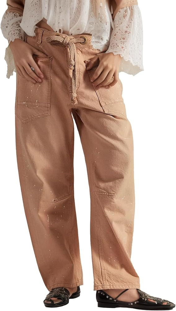 Womens Moxie Pull-On Barrel Jeans Mid-Low Rise Boyfriend Drawstring Ankle Baggy Elastic Waist Str... | Amazon (US)