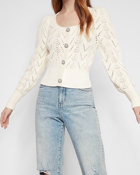 Square Neck Pearl Faux Button Front Cardigan | Express