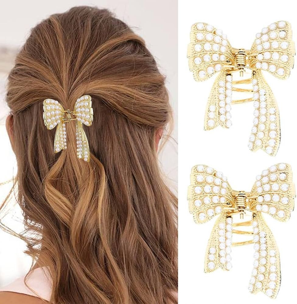 CAKURE Bow Hair Clips Pearl Gold Claw Clips Small Cute Hair Claw Barrettes Pearl Hair Accessories... | Amazon (US)