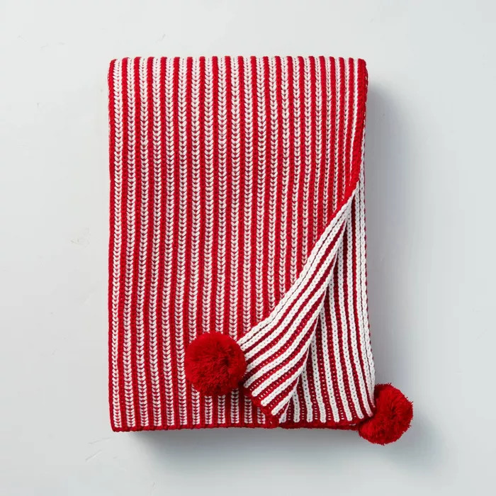 Blended Stripe Chunky Knit Poms Throw Blanket - Hearth & Hand™ with Magnolia | Target