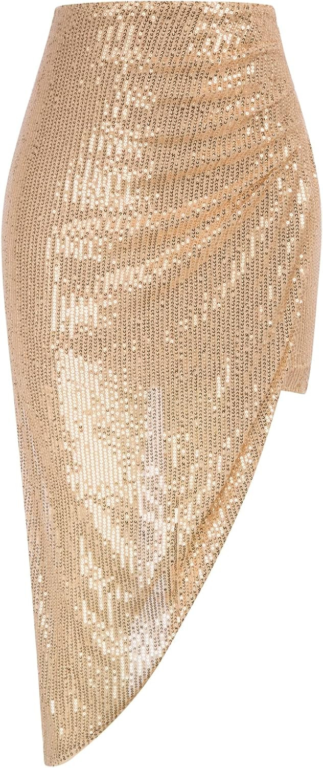 Kate Kasin Women's Pleated Sequin Skirt Elastic High Waist Draped Asymmetrical Stretch Bodycon Co... | Amazon (US)