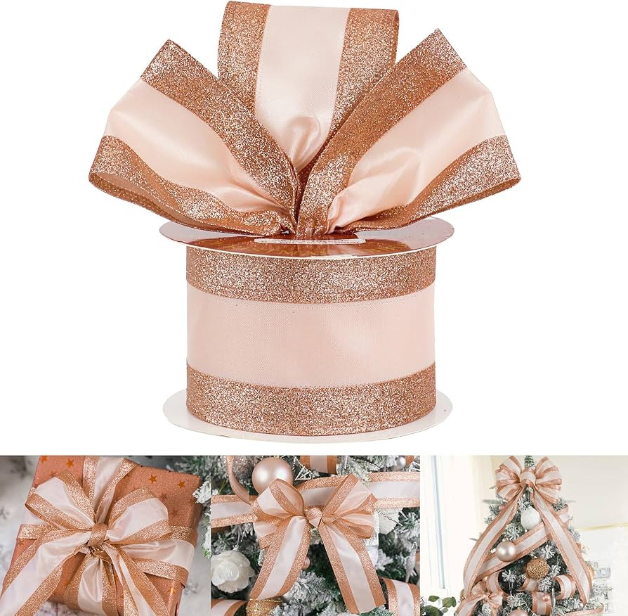 HUIHUANG Rose Gold Wired Satin Ribbon with Glitter Stripe Edges 2.5 inch, Rose Gold Christmas Rib... | Amazon (US)