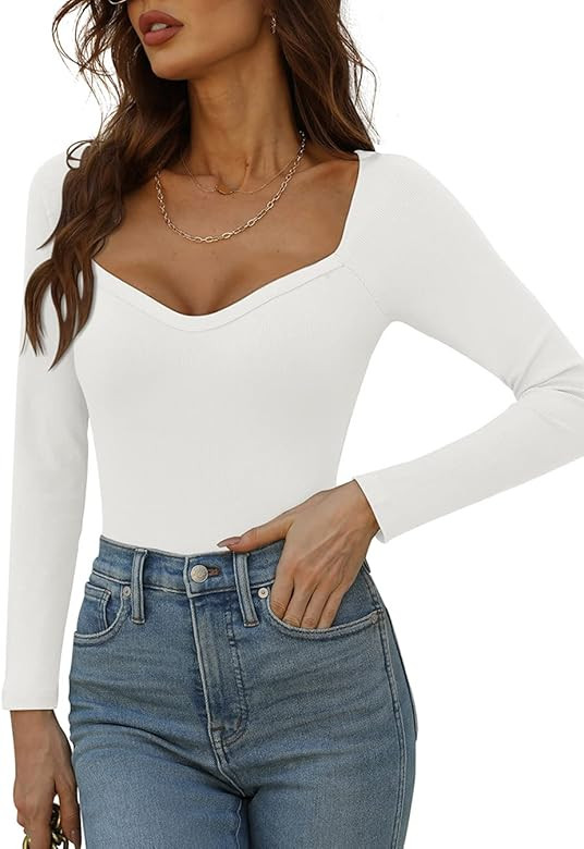 REORIA Women’s Sexy Deep V Neck Long Sleeve Ribbed Stretchy T Shirts Bodysuits Tops Jumpsuit | Amazon (US)