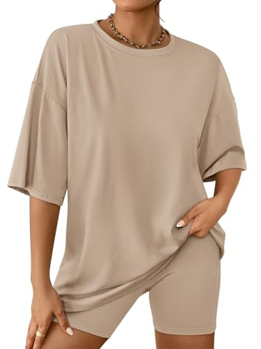 AUTOMET Womens Lounge 2 Piece Sets Summer Outfits 2026 Two Piece Set Matching Clothing Oversized Tshirts Biker Short Fashion Khaki L | Amazon (US)
