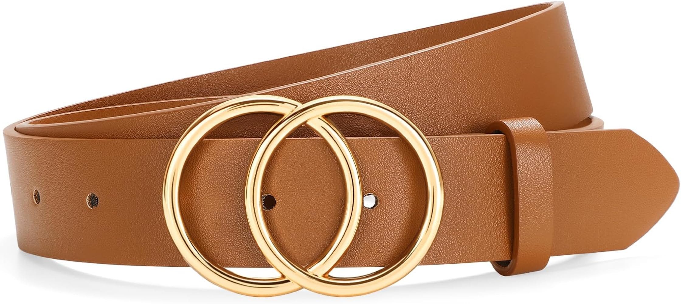 SANSTHS Womens Leather Belt for Jeans Pants Fashion Waist Belts Gold Silver Double Ring Buckle | Amazon (US)