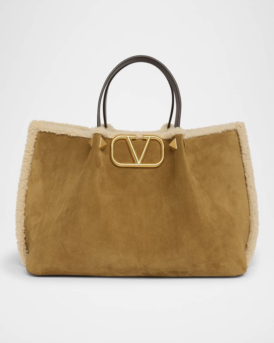 Valentino Garavani Medium Suede Shopping Bag with Shearling Lining | Neiman Marcus