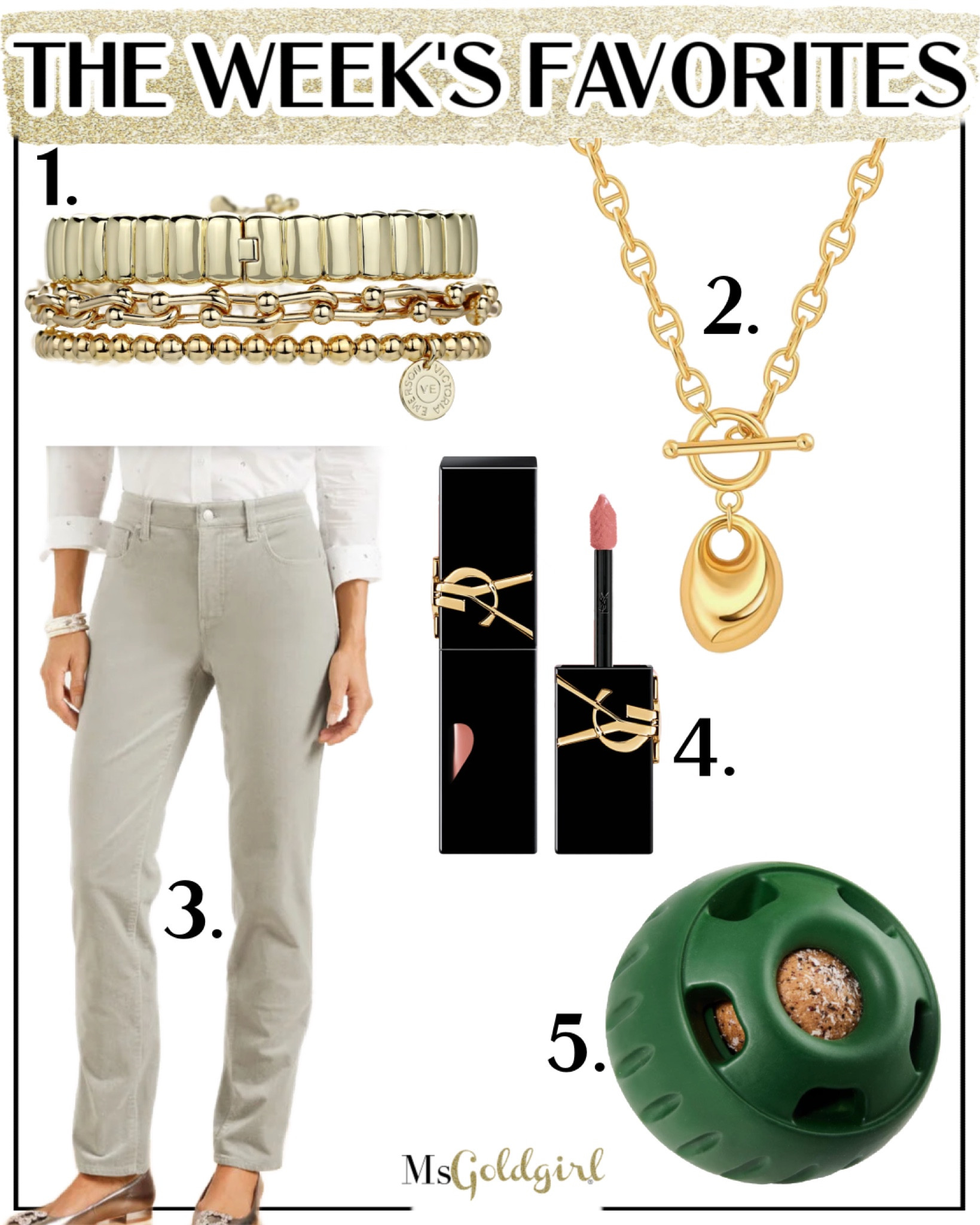 This week’s favorites:

1. I’m so excited for this latest release from Victoria Emerson in
collaboration with my dear friends
Kelli & Christina (Mommies Makeup and Moscato). They’re selling out fast-grab this stack for $34 while you can!

2. I've been looking for more statement necklaces and this one comes in with a subtle statement at $13!! It looks WAY more expensive! I got a lot of compliments on it in person, too!

3. I ordered these grey corduroy pants with silver glitter from Talbots and they are SO pretty! Perfect for any casual holiday events you may have coming up-and they also come in black. I got them in a size 2 petite.

4. This product seems like a re-formulation or relaunch of my favorite YSL lip product from years ago. I bought it in the shade Nude Lavalier and now I need at least one more color. Line and fill in your lips with your favorite lip pencil, layer this product on top, and a bit of gloss and you'll have lip color all day long!

5. This has been the biggest hit in my house! Both dogs love their new toy AND it's vet recommended. It keeps Rowdy busy for at least an hour and it's also quiet!! 

#weeklyfavorites #dogtoy #statementjewelry #statementnecklace #holidayoutfits #corduroypants 

#LTKOver40 #LTKFindsUnder50