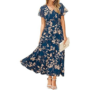 Simplee Womens Floral Maxi Dress Short Sleeve Summer Boho Wedding Guest Dress Empire Waist Chiffo... | Amazon (US)