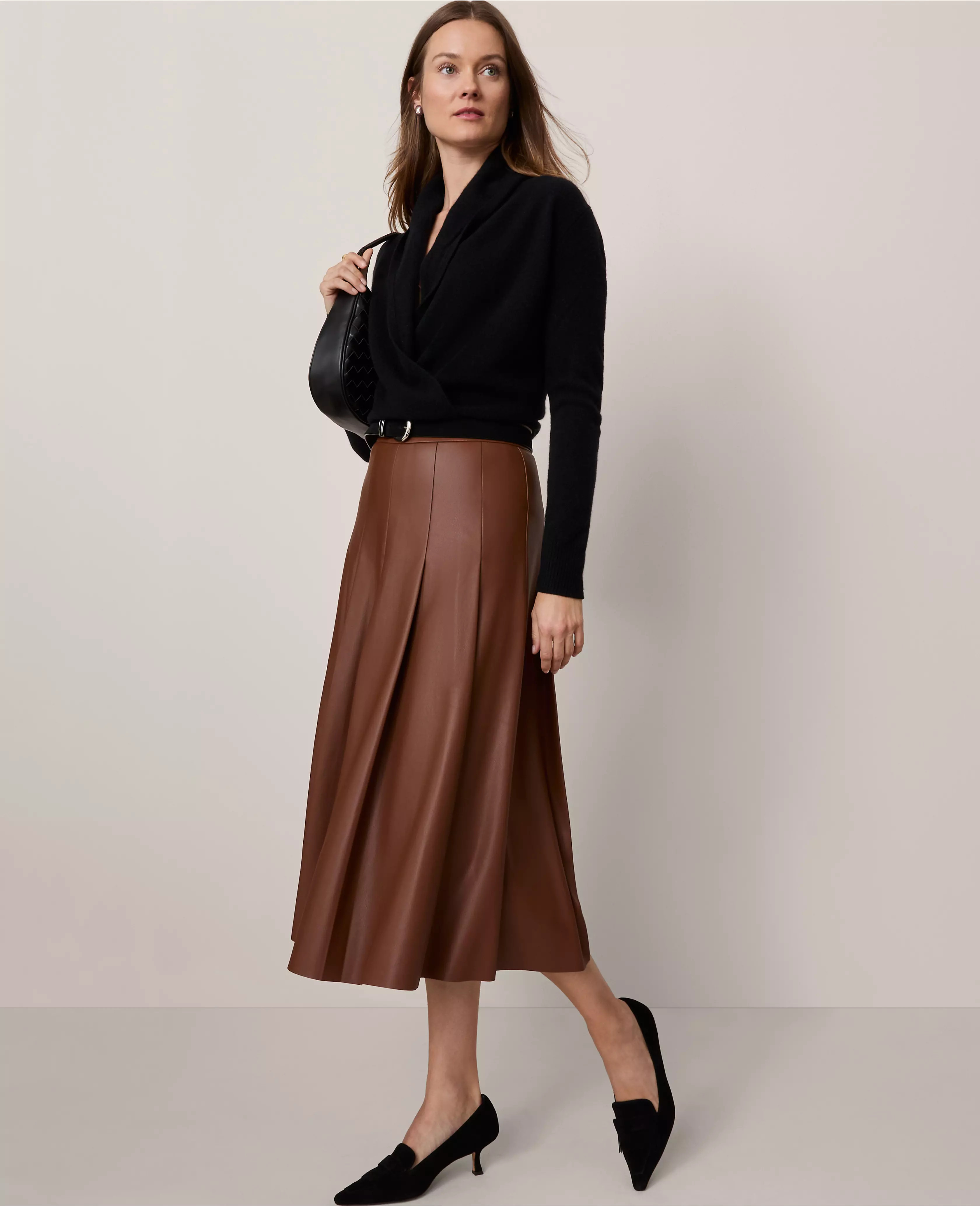 Faux Leather Pleated Midi Skirt | Ann Taylor