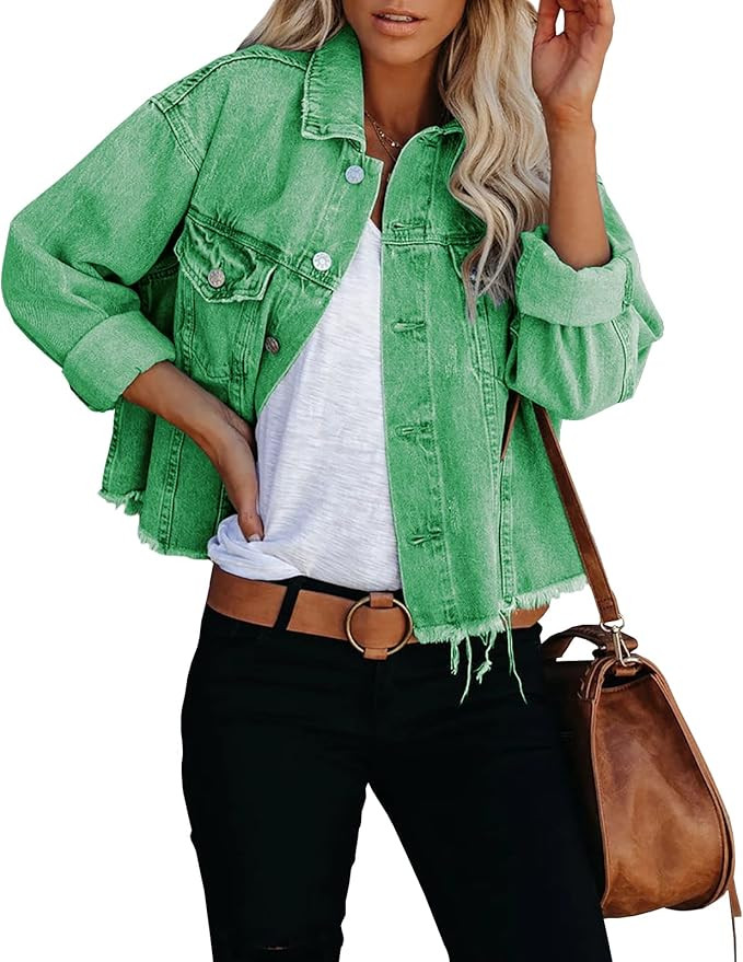 LONGBIDA Women's Jean Jacket Frayed Washed Button Up Cropped Denim Jacket With Pockets | Amazon (US)