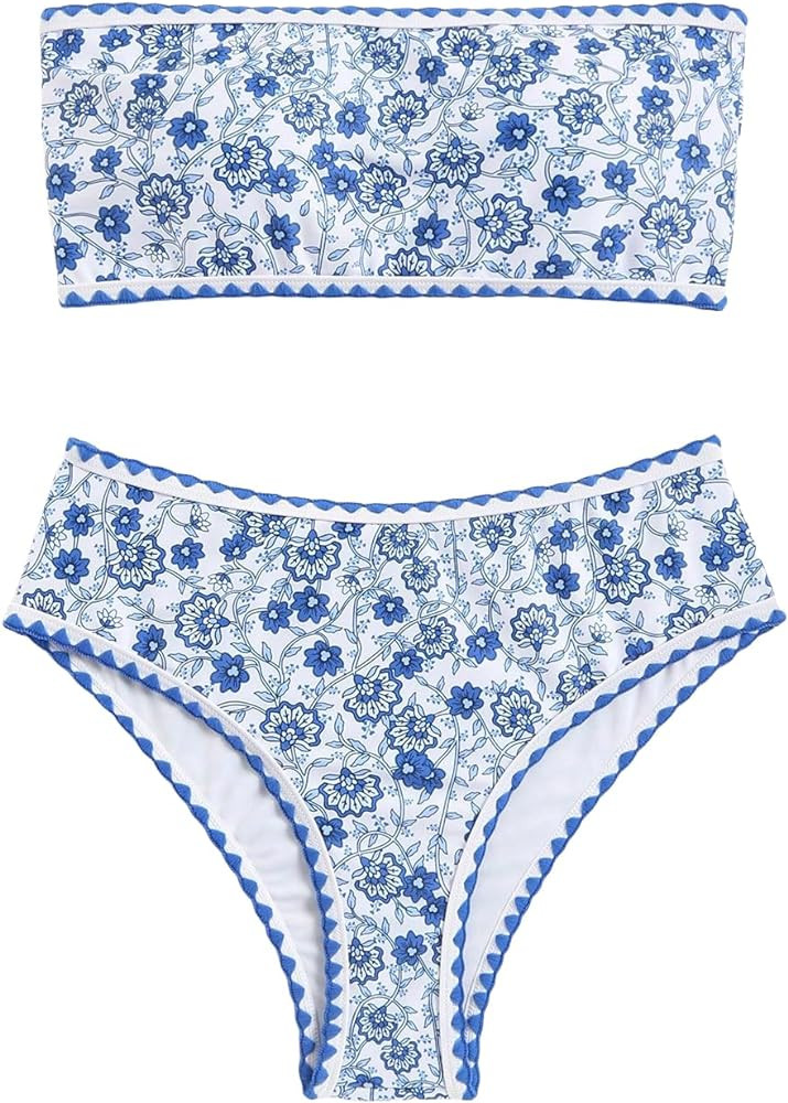 WDIRARA Women's Floral Print Strapless Lace Up Bikini Swimsuit 2 Piece Bathing Suit | Amazon (US)