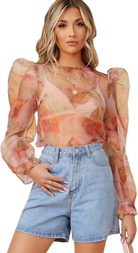 Floerns Women's All Over Print See Through Ruffle Gigot Long Sleeve Blouse Top | Amazon (US)