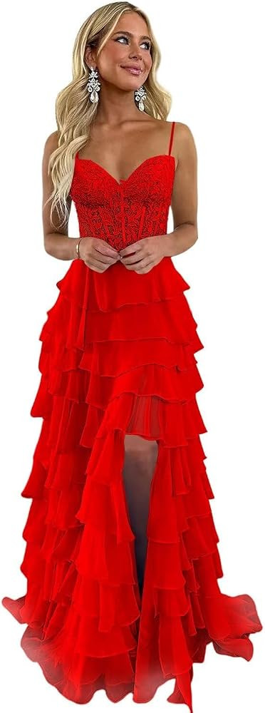 REIOKJT Lace Tiered Prom Dress Sweetheart Evening Gown with Slit Ruffle Chiffon Prom Dresses | Amazon (US)
