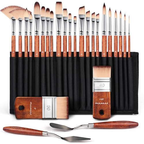 26pcs Paint Brush Set, Fuumuui Professional Acrylic Paint Brushes Complete Range of Sizes with Upgraded Short Handle Wide Flat Paintbrush for Acrylic, Oil, Watercolor and Gouache | Amazon (US)