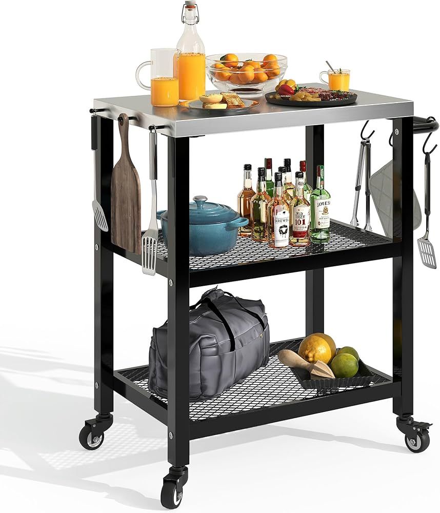 YITAHOME Outdoor Grill Cart Table Patio Food Prep and Work Cart Table Three-Shelf Stainless Steel... | Amazon (US)